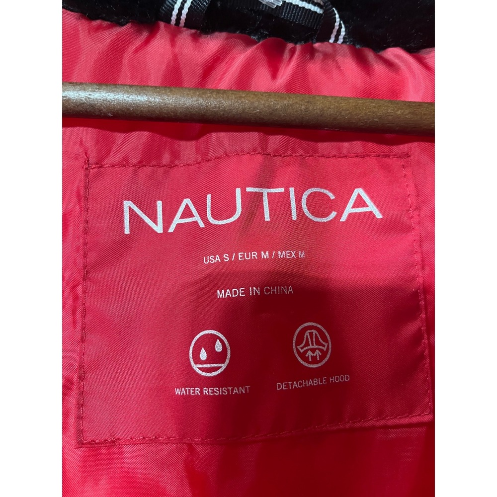 Nautica Womens Red Water Resistant Puffer Jacket Faux Fur Detachable Hood Small - Picture 3 of 4